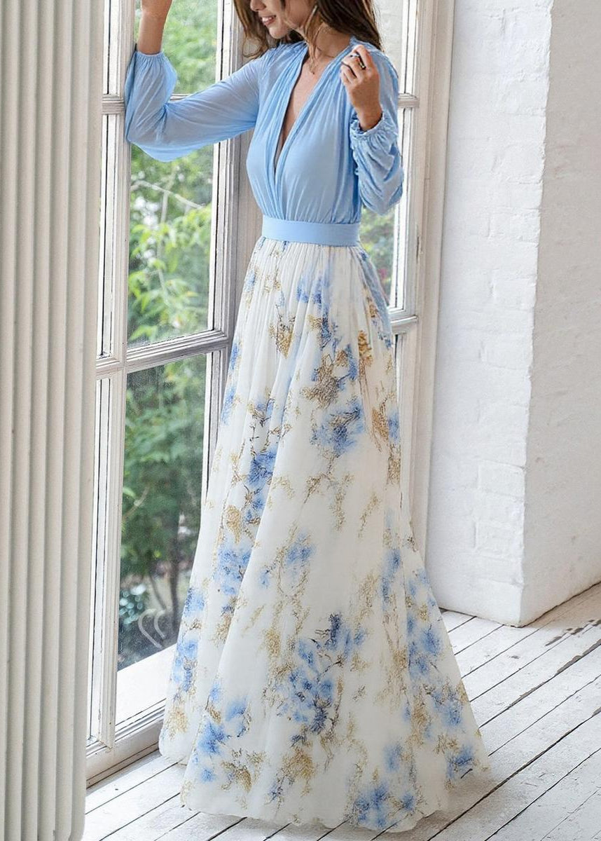 Aria | Women's Floral Maxi Dress Light Blue Long Sleeve