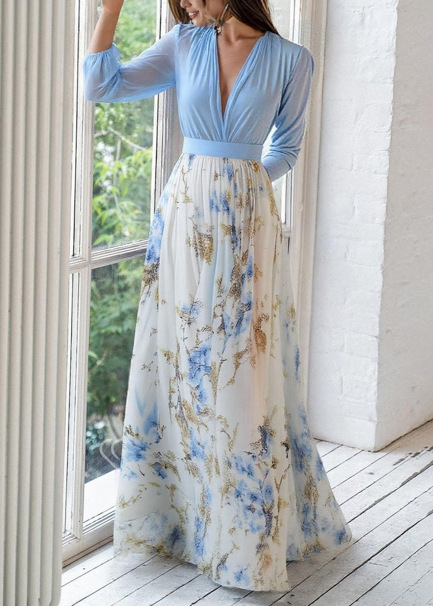 Aria | Women's Floral Maxi Dress Light Blue Long Sleeve