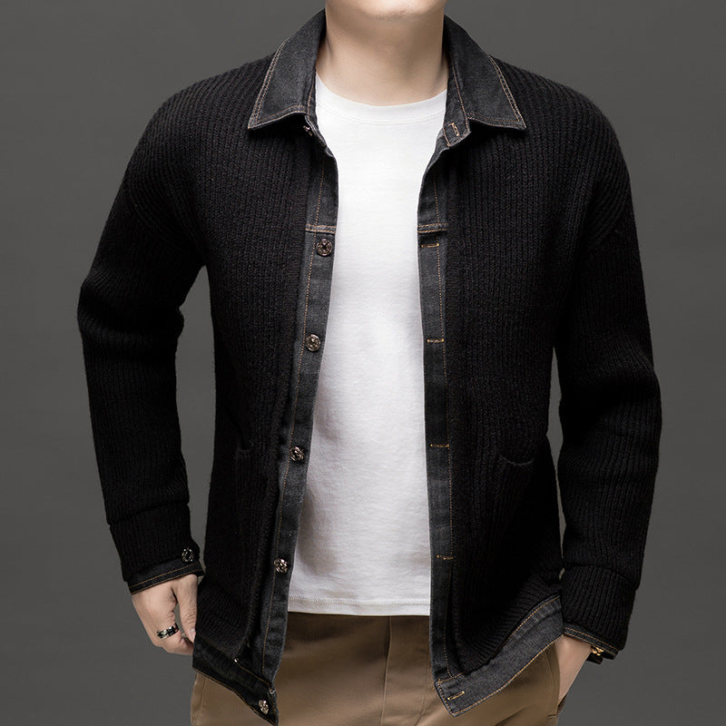 Marco | Men's Ribbed Denim Collar Cardigan Black