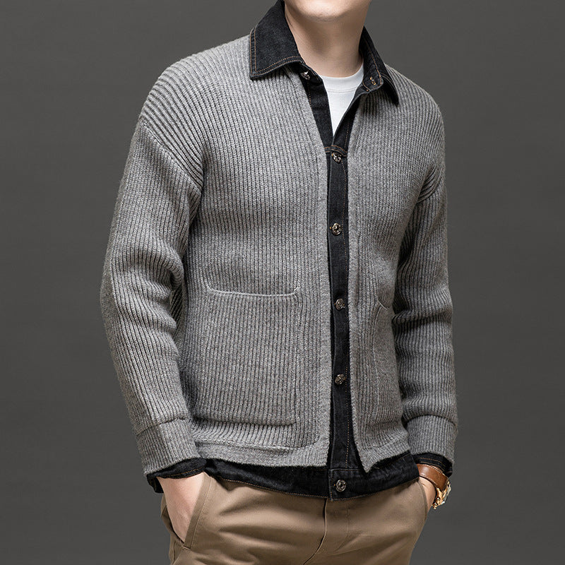 Marco | Men's Ribbed Denim Collar Cardigan Black