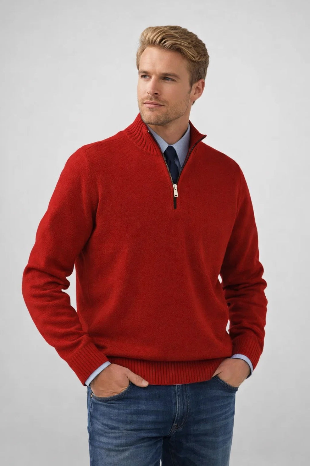 Marco | Men's Quarter Zip Sweater Red Crew Neck