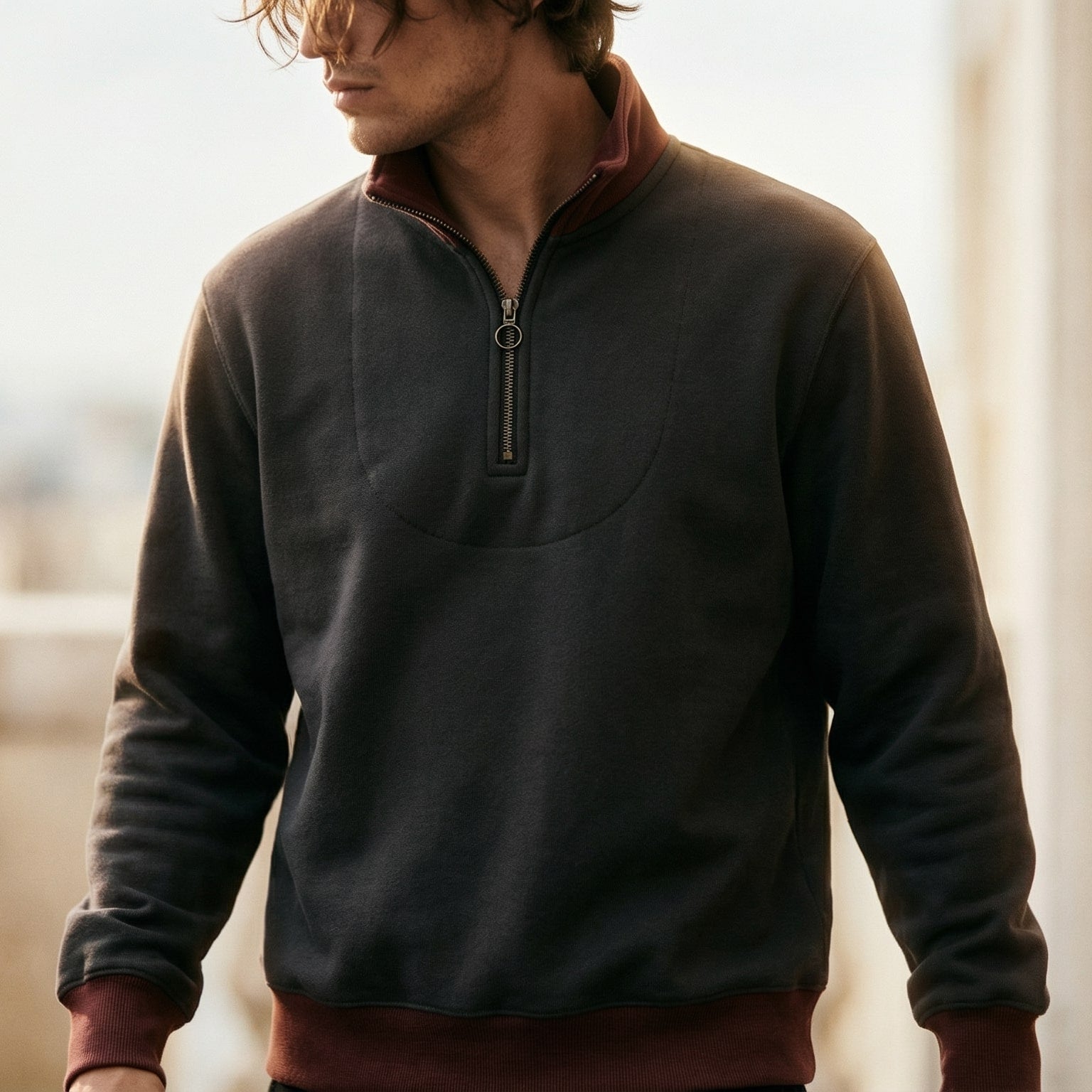 Marco | Men's Quarter Zip Sweater Brown Charcoal Colorblock