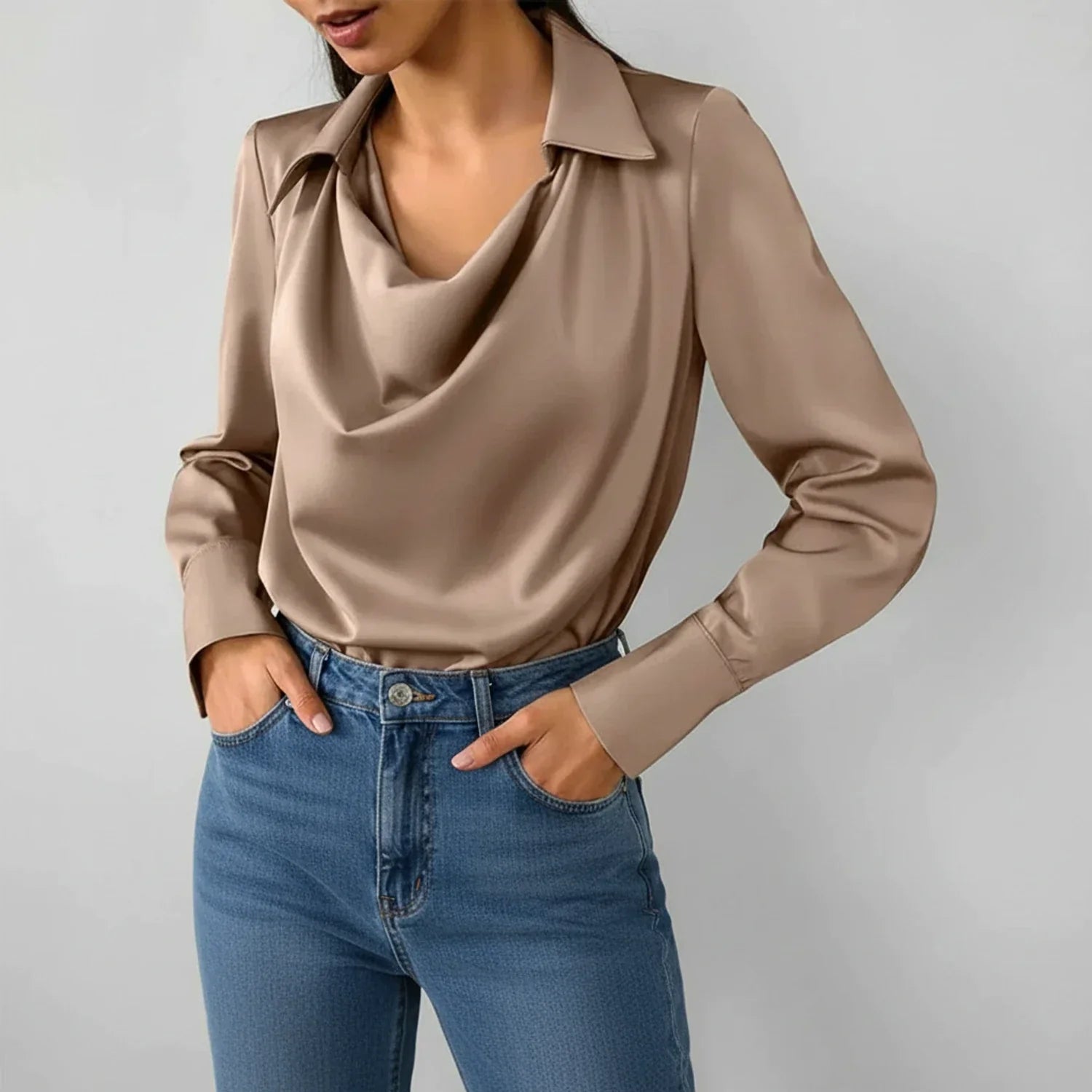 Margot | Women's Satin Cowl Neck Blouse Cream Long Sleeve