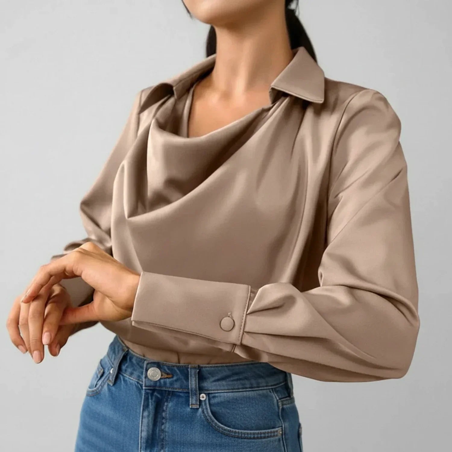 Margot | Women's Satin Cowl Neck Blouse Cream Long Sleeve