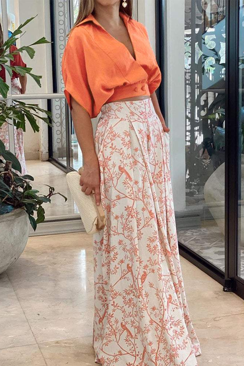 Fleur | Women's Pleated Maxi Skirt Floral Cream Orange