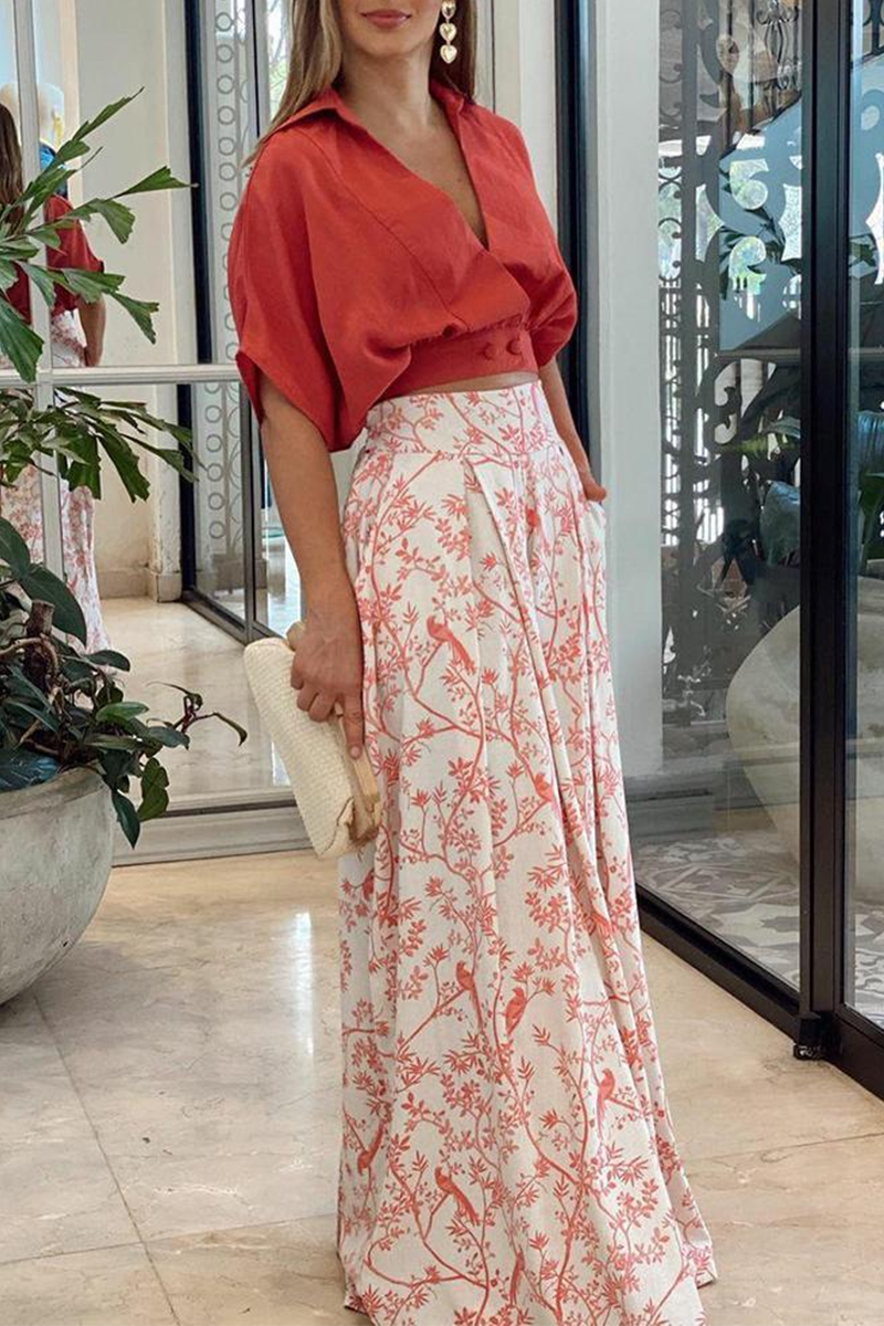 Fleur | Women's Pleated Maxi Skirt Floral Cream Orange