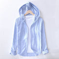 Dama Washington Ezra men's hooded linen shirt light blue long sleeve - front view