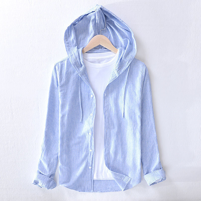 Ezra | Men's Hooded Linen Shirt Light Blue Long Sleeve