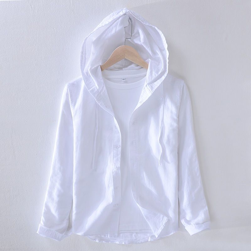 Ezra | Men's Hooded Linen Shirt Light Blue Long Sleeve