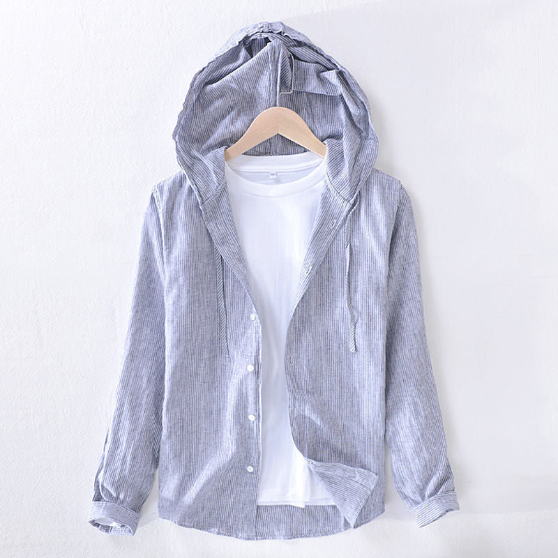 Ezra | Men's Hooded Linen Shirt Light Blue Long Sleeve