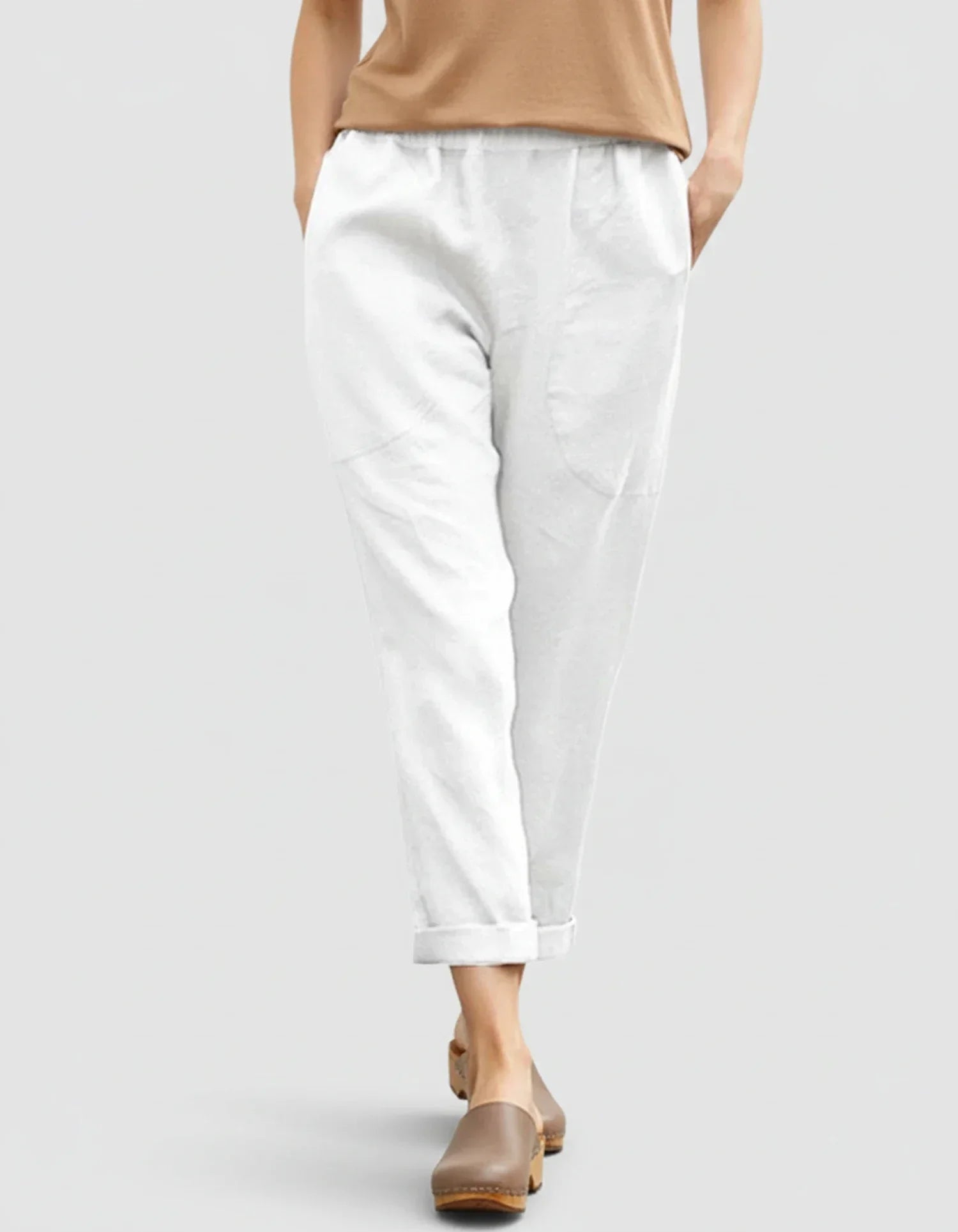 Nola | Women's Linen Pants White Cropped Cuffed