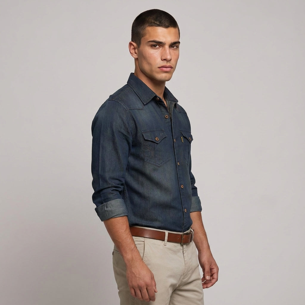 Dama Washington Bram denim button up shirt Dark Blue - model front view