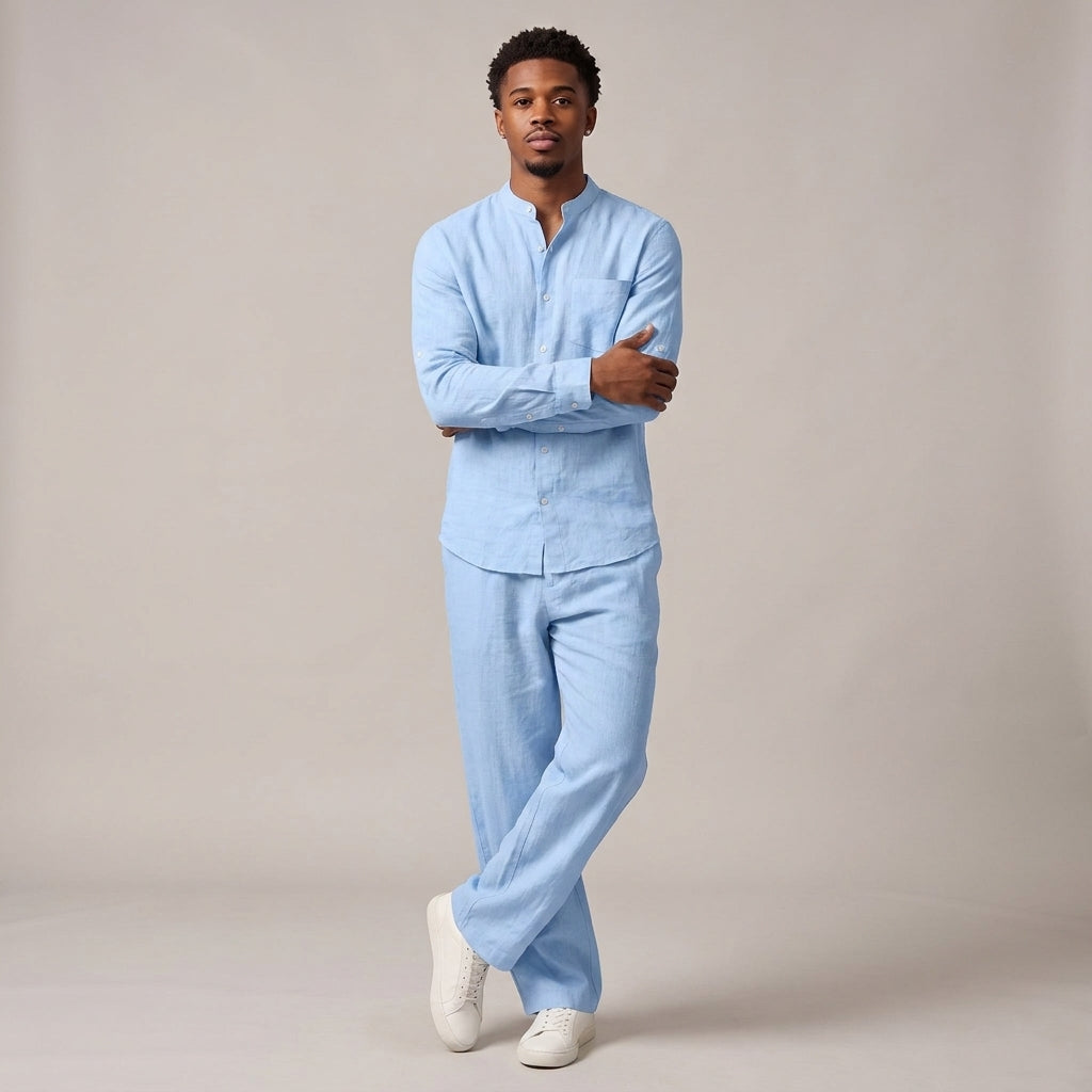 Dama Washington Sage linen lounge set Sky Blue - full outfit model view