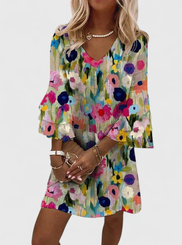 Nola | Women's Floral Print Dress Three Quarter Sleeve Multicolor