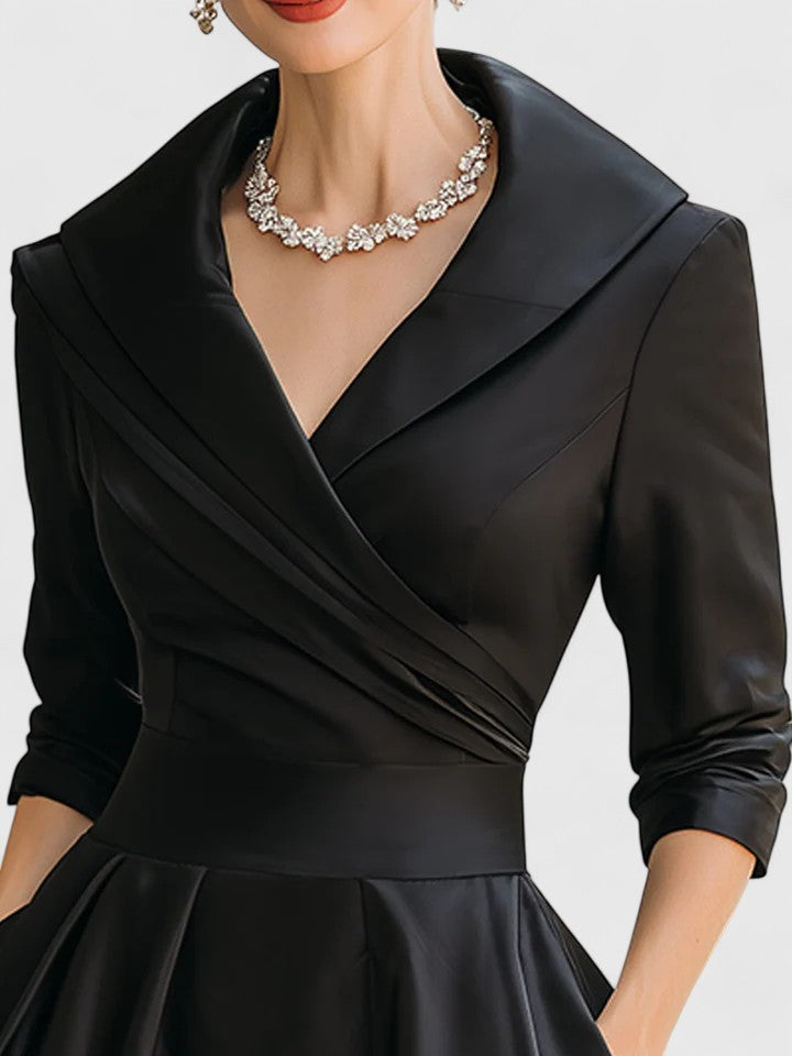 Vera | Women's Wrap Midi Dress Black Three Quarter Sleeve