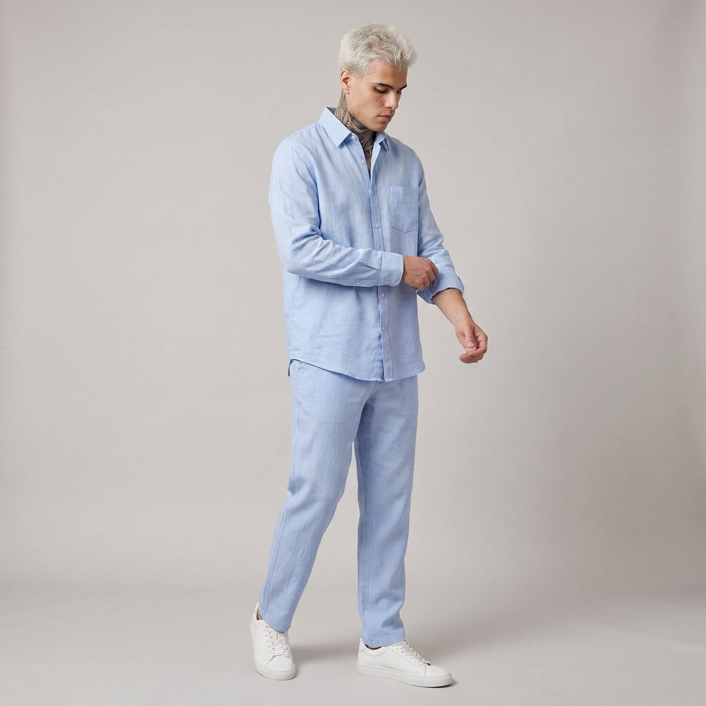 Dama Washington Rowan oversized linen set Light Blue - full outfit model view