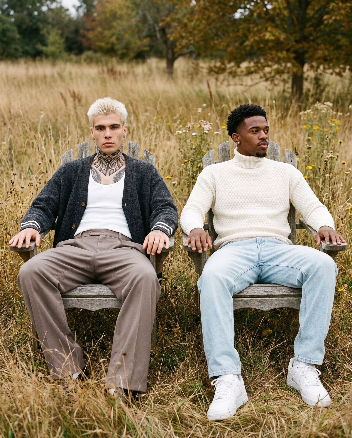 Two men in a charcoal striped cardigan and a cream waffle knit turtleneck seated in wooden chairs in an autumn meadow