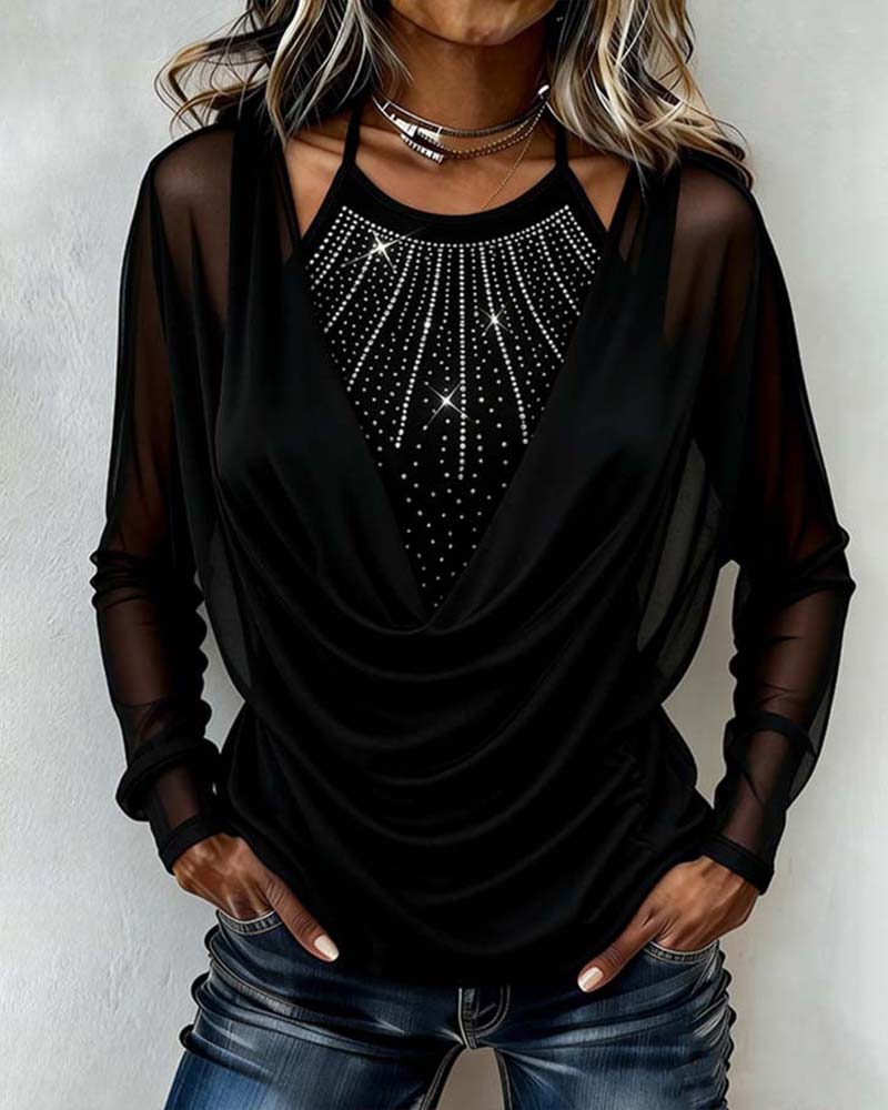 Lola | Women's Sequin Cowl Neck Top Black Sheer Sleeve