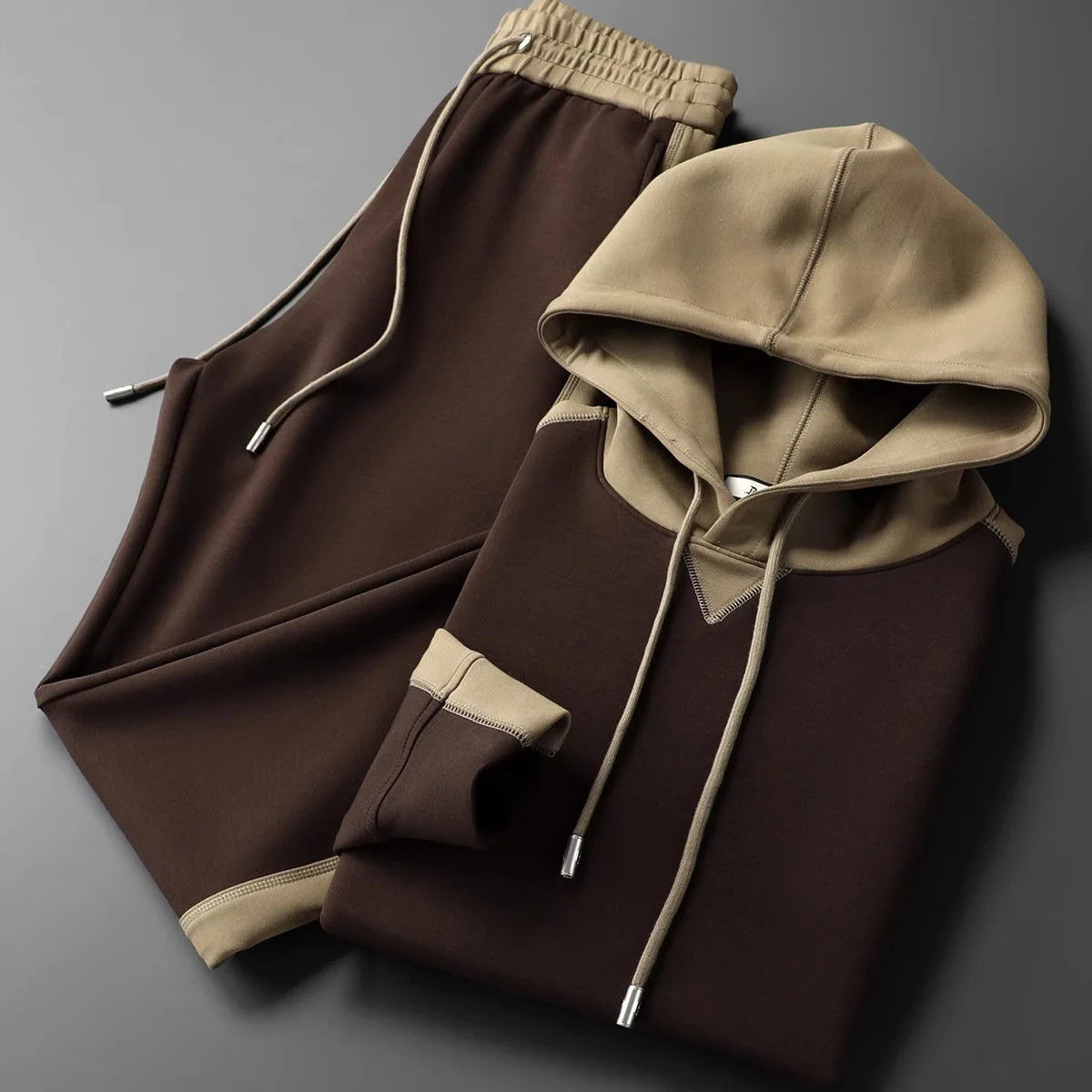 Ryne | Men's Sweatsuit Brown Cream Colorblock Hoodie Set