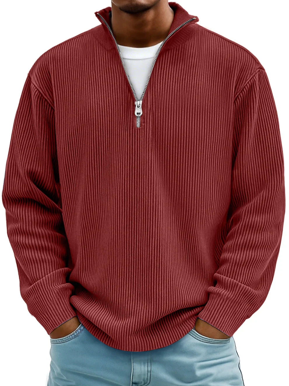 Voss | Men's Quarter Zip Sweater Light Blue Ribbed Knit