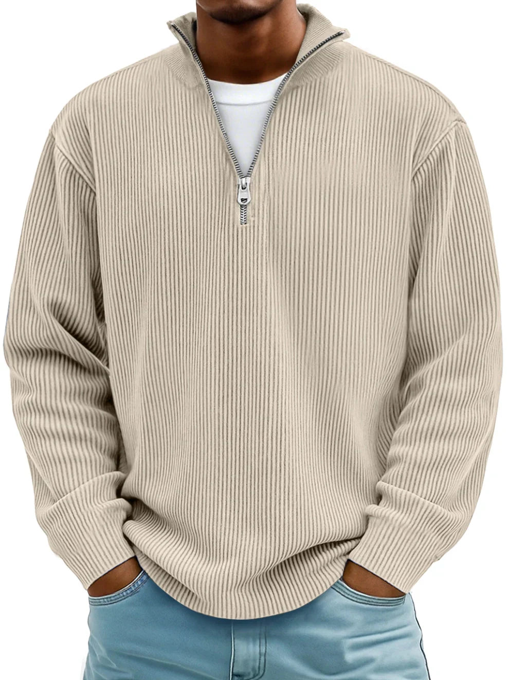 Voss | Men's Quarter Zip Sweater Light Blue Ribbed Knit