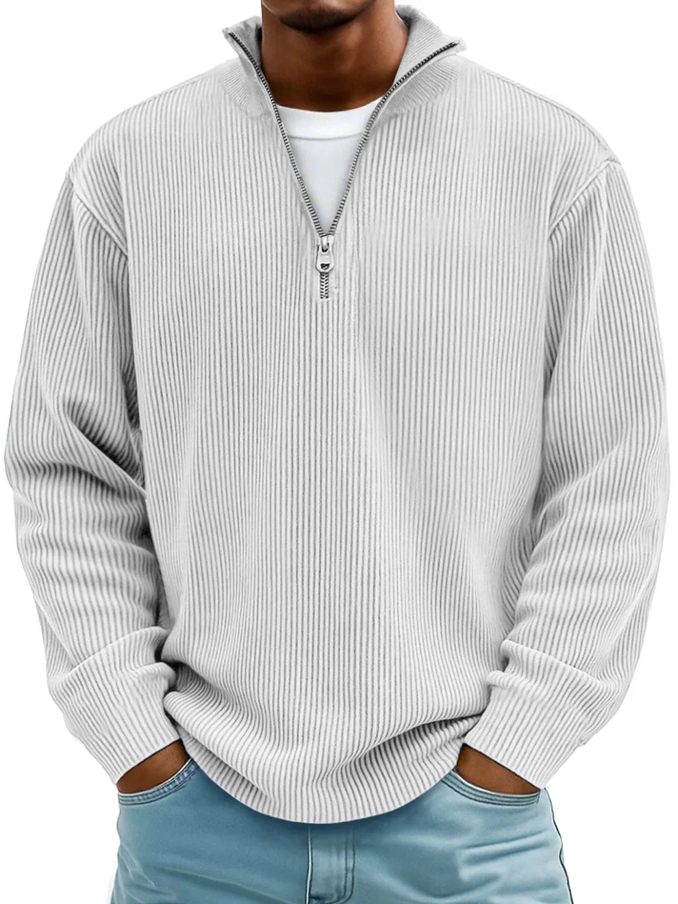 Voss | Men's Quarter Zip Sweater Light Blue Ribbed Knit