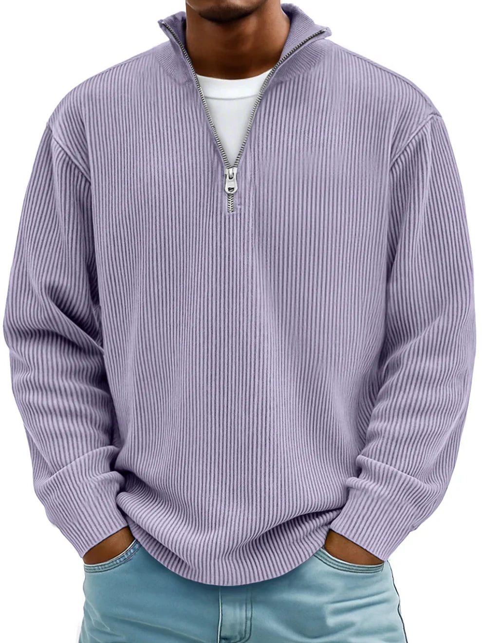 Voss | Men's Quarter Zip Sweater Light Blue Ribbed Knit