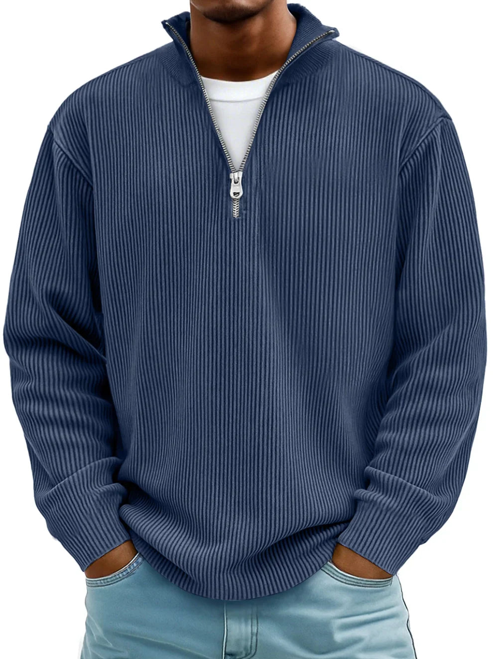 Voss | Men's Quarter Zip Sweater Light Blue Ribbed Knit