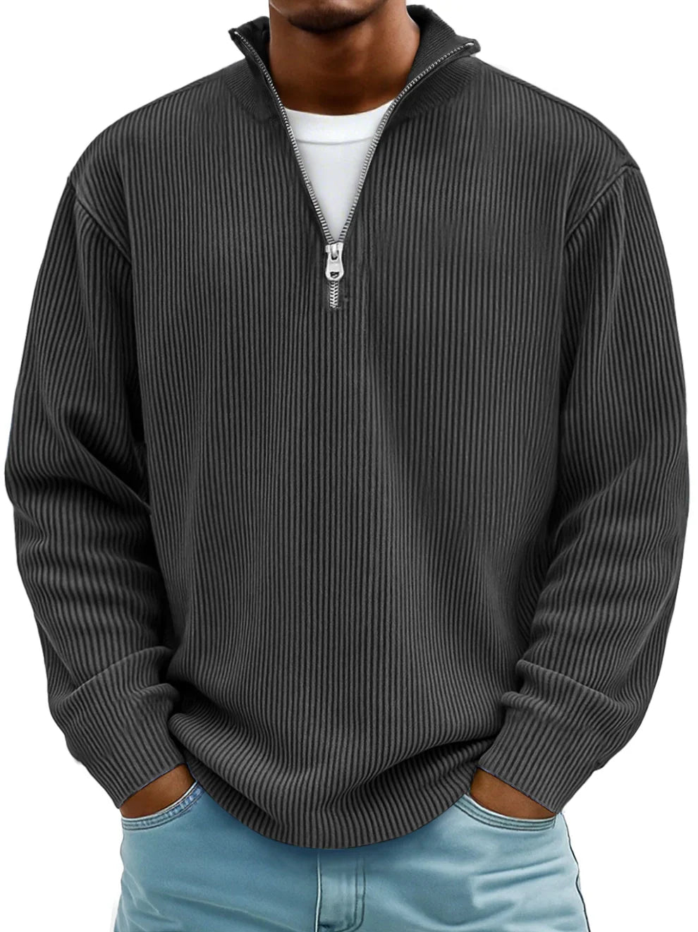 Voss | Men's Quarter Zip Sweater Light Blue Ribbed Knit