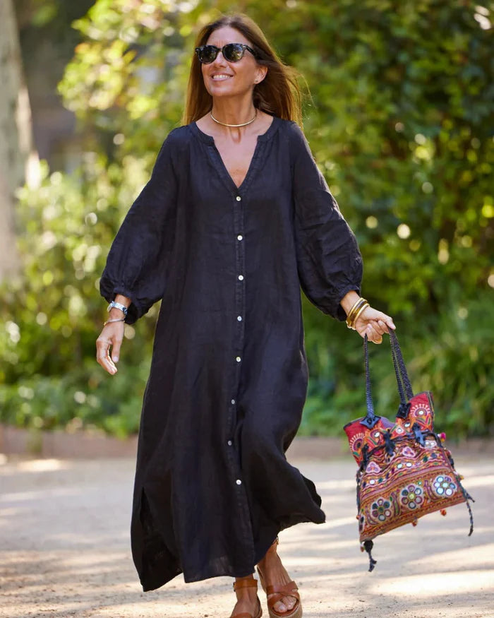 Ivy | Women's Linen Shirt Dress White Long Sleeve Button Up