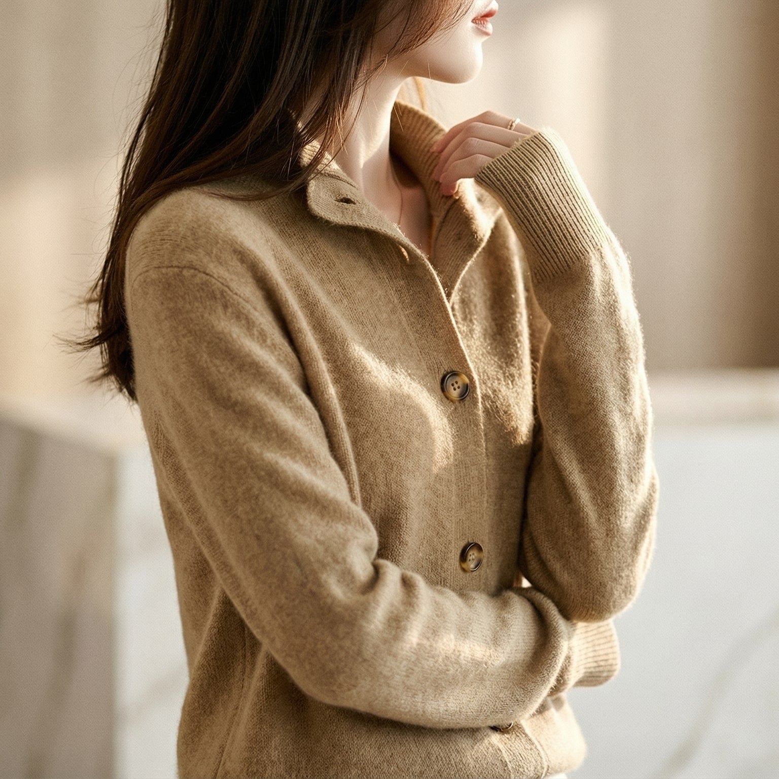 Nina | Women's Wool Cardigan Sweater Camel Button Front