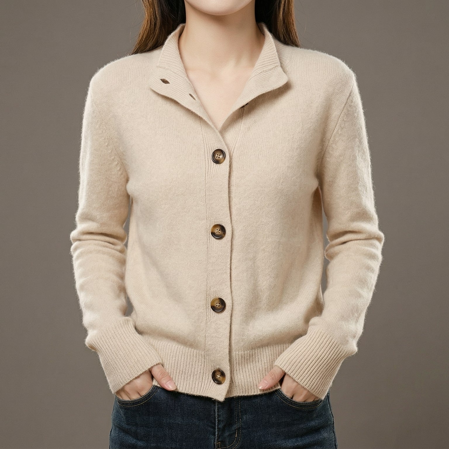 Nina | Women's Wool Cardigan Sweater Camel Button Front