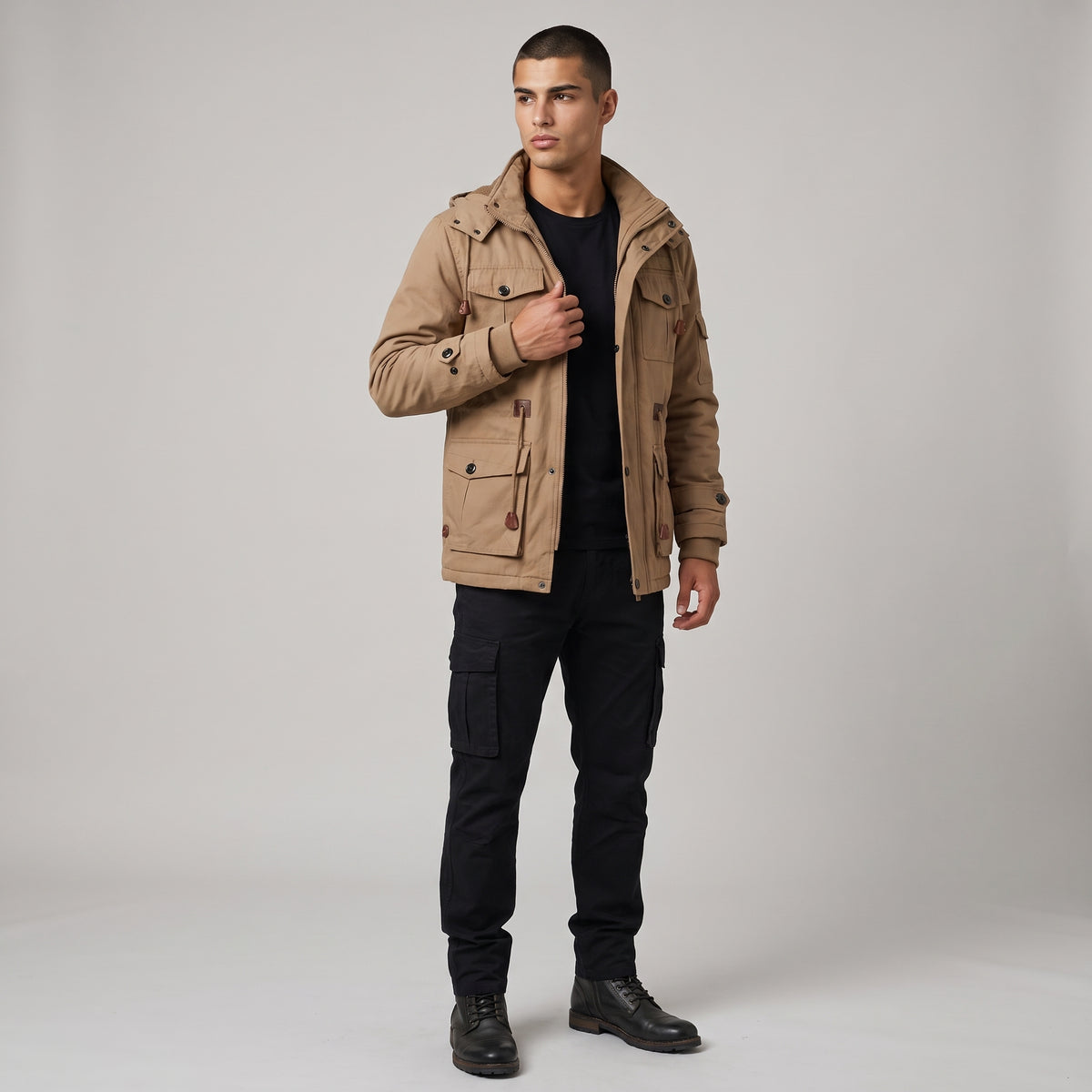 Dama Washington Jasper men's tactical military jacket Khaki waterproof - full outfit model view