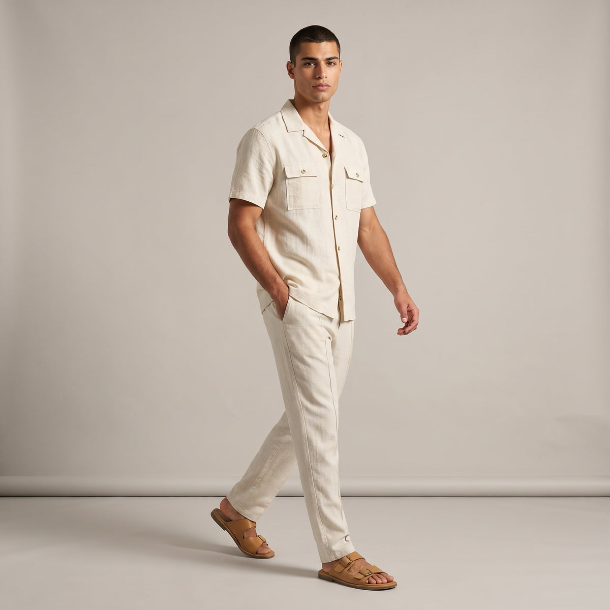Dama Washington Marco men's casual linen matching set cream - model front view