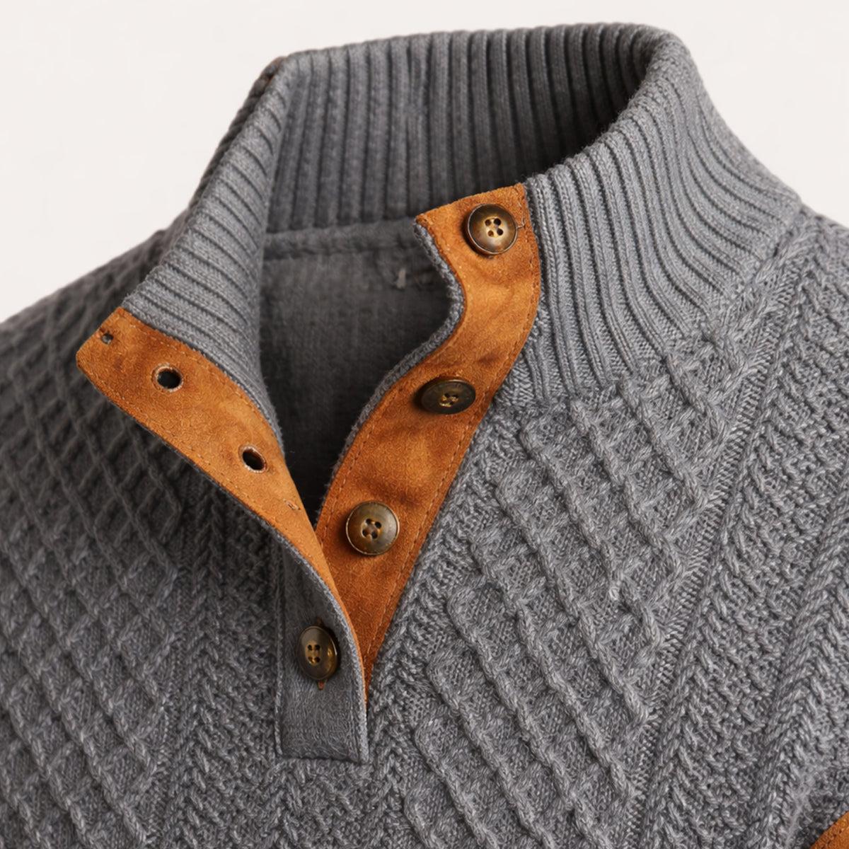 Rue | Men's Quarter Zip Cable Knit Sweater Gray Suede Elbow Patch