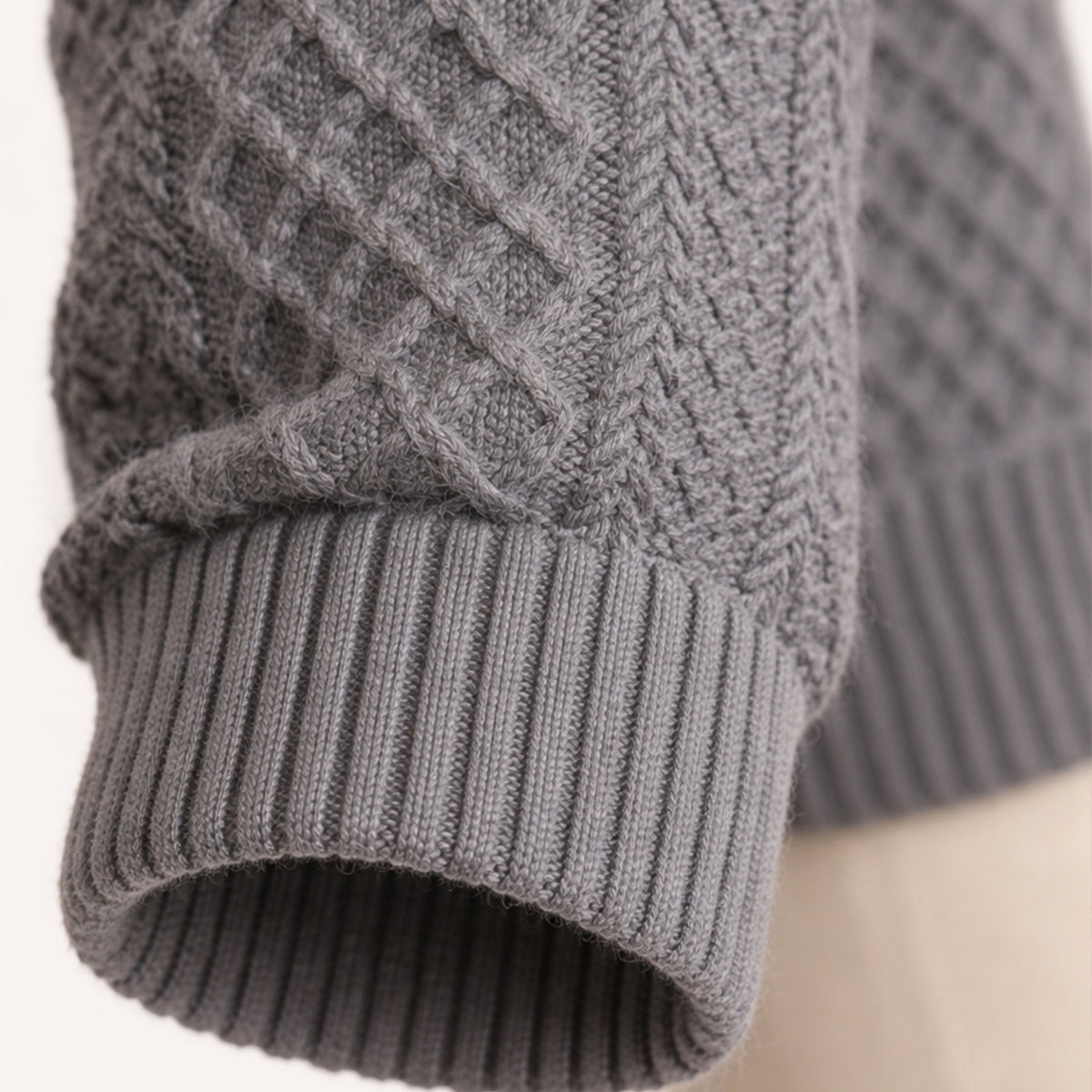 Rue | Men's Cable Knit Quarter Zip Sweater Gray Brown Elbow Patch