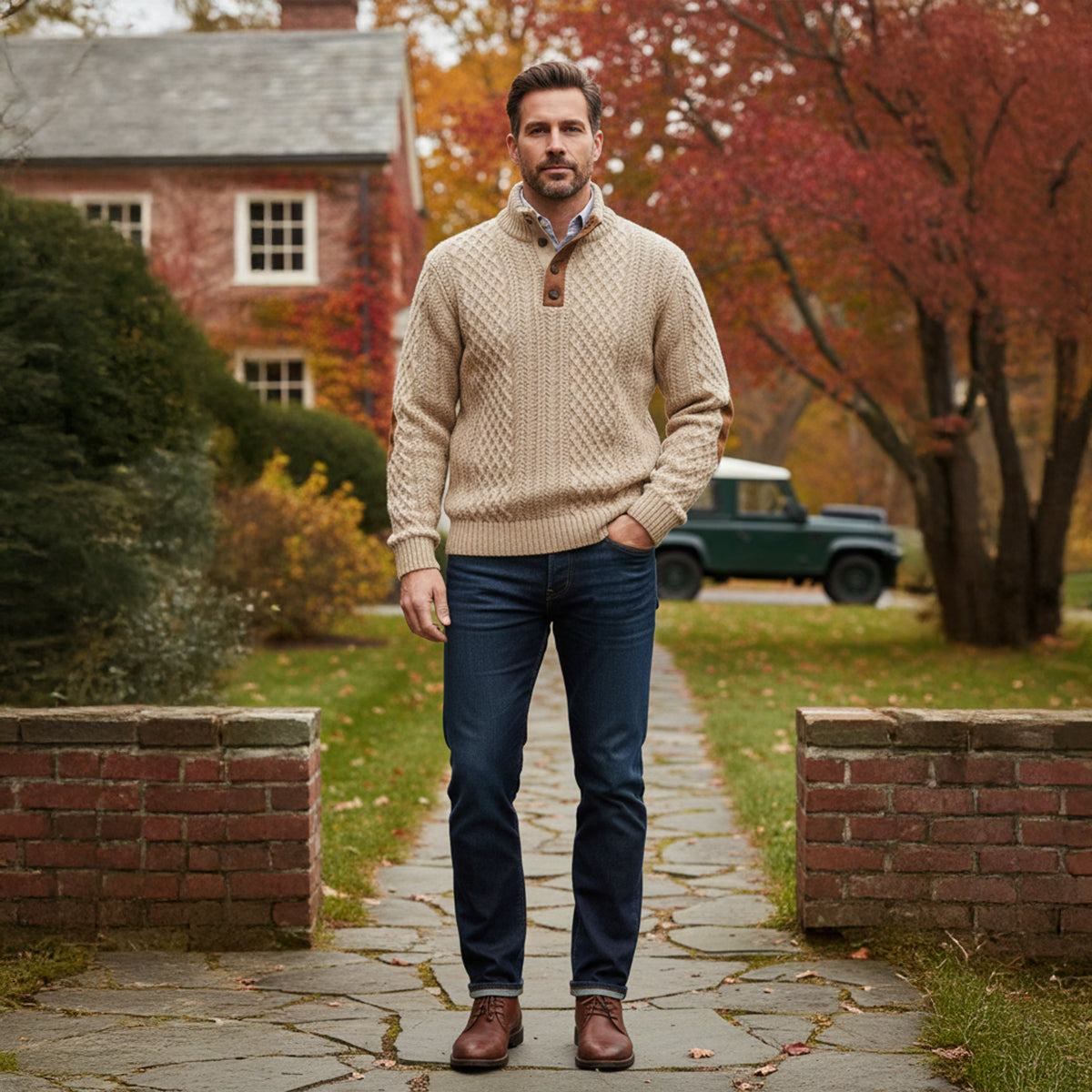 Rue | Men's Quarter Zip Cable Knit Sweater Gray Suede Elbow Patch