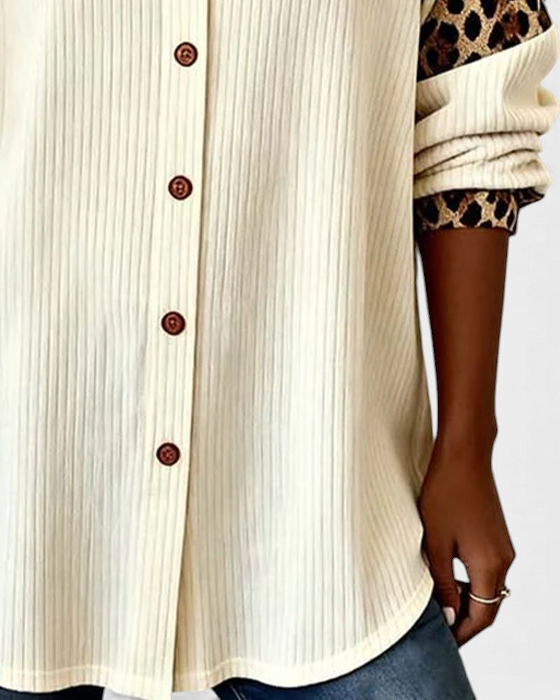 Ada | Women's Leopard Print Button Up Shirt Cream Ribbed