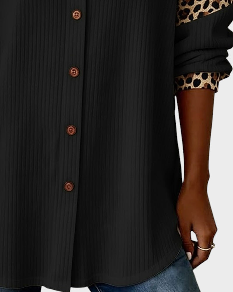 Ada | Women's Leopard Print Button Up Shirt Cream Ribbed
