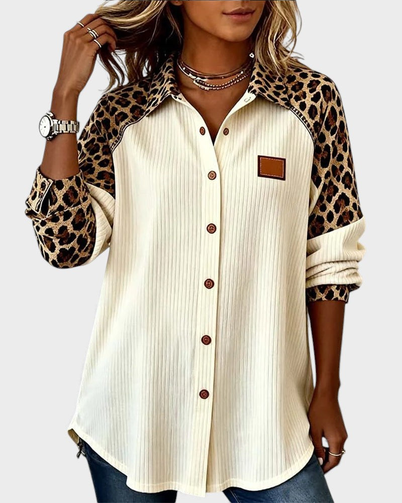 Ada | Women's Leopard Print Button Up Shirt Cream Ribbed