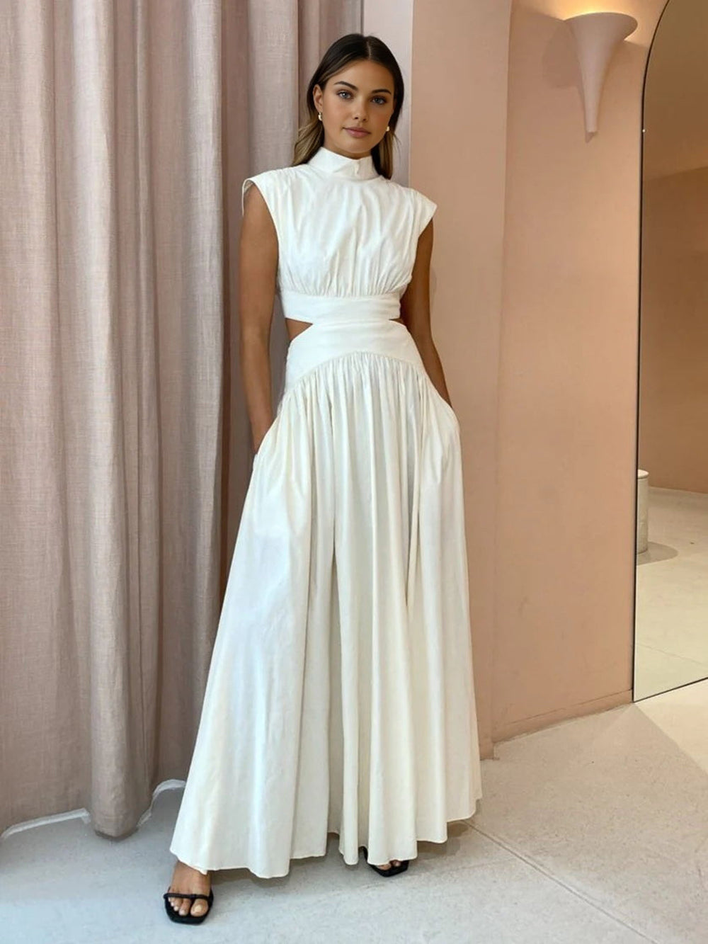 Camille | Women's Sleeveless Maxi Dress Cream Cutout Waist