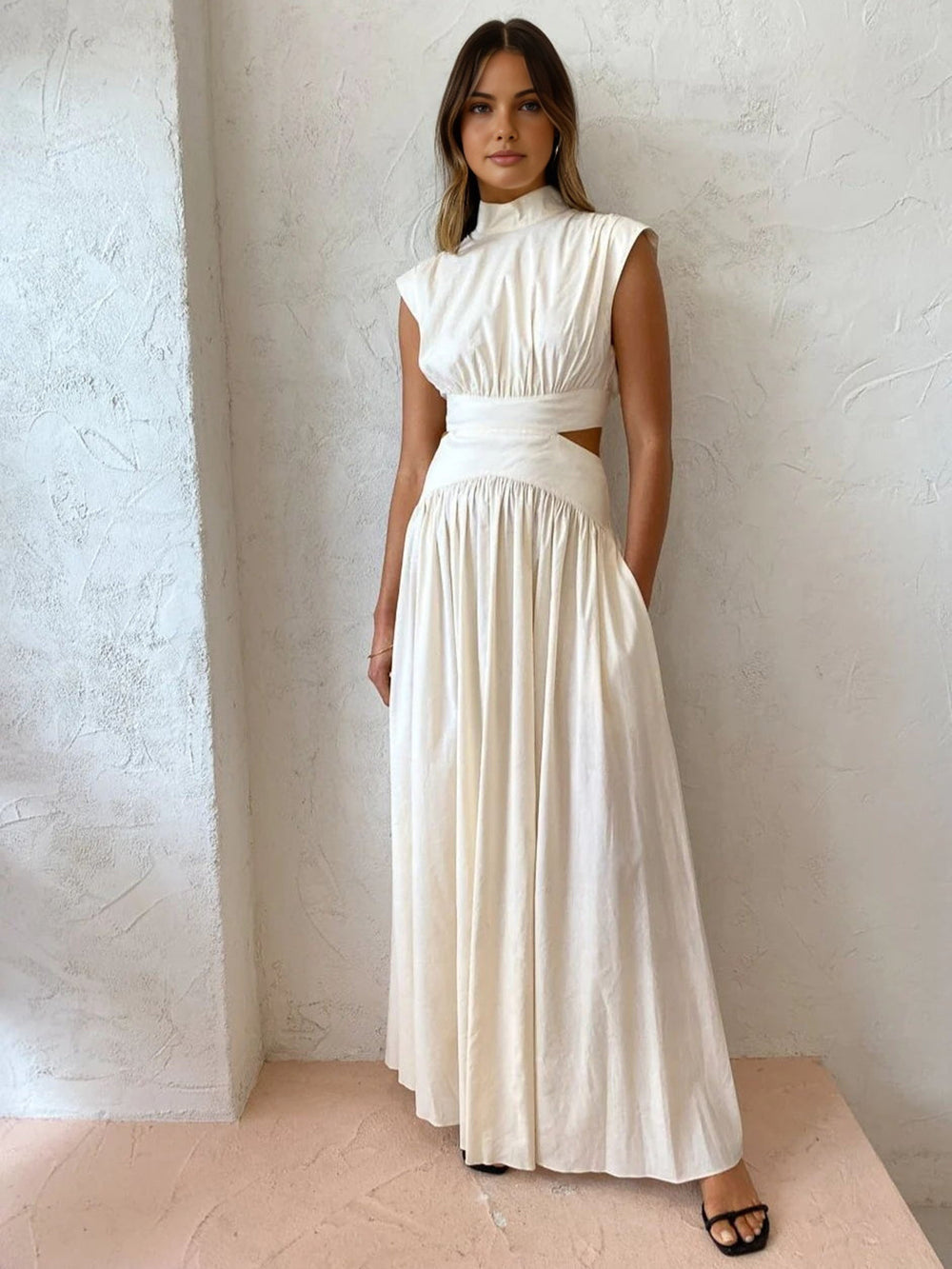 Camille | Women's Sleeveless Maxi Dress Cream Cutout Waist