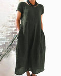 Dama Washington Aria women's linen midi dress sage green short sleeve - front view