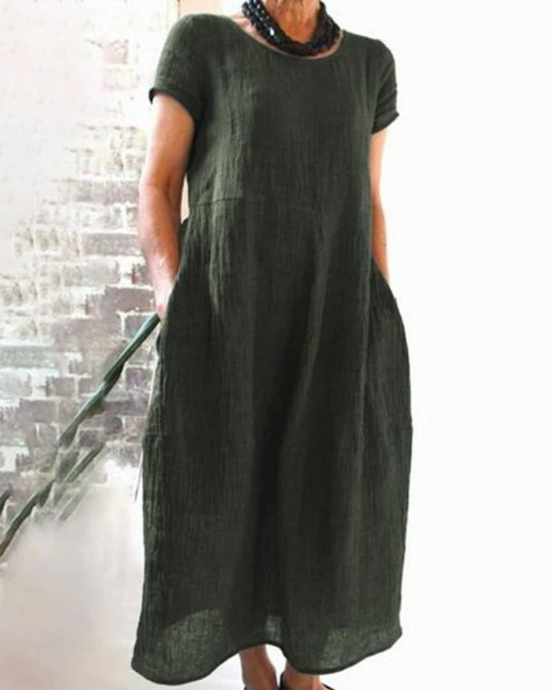 Aria | Women's Linen Midi Dress Sage Green Short Sleeve
