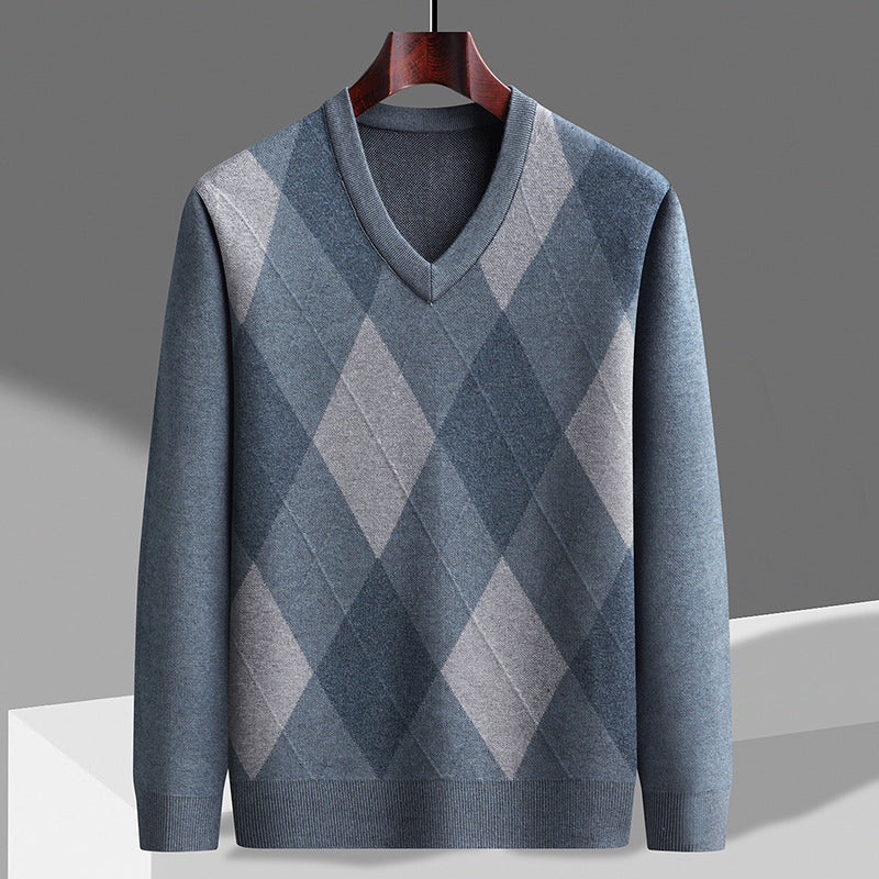Kian | Men's Argyle V Neck Sweater Cream Gray Green