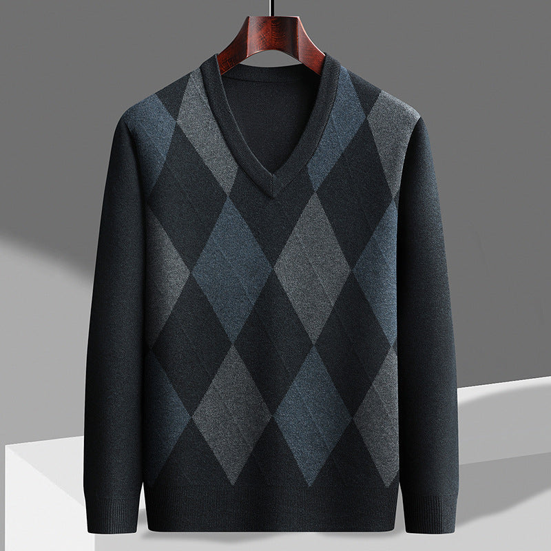 Kian | Men's Argyle V Neck Sweater Cream Gray Green