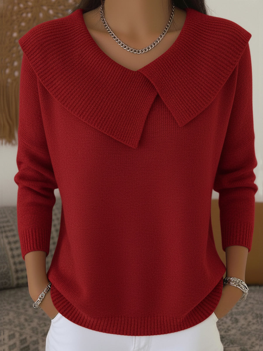 Cleo | Women's Collared Knit Sweater Red V Neck Long Sleeve