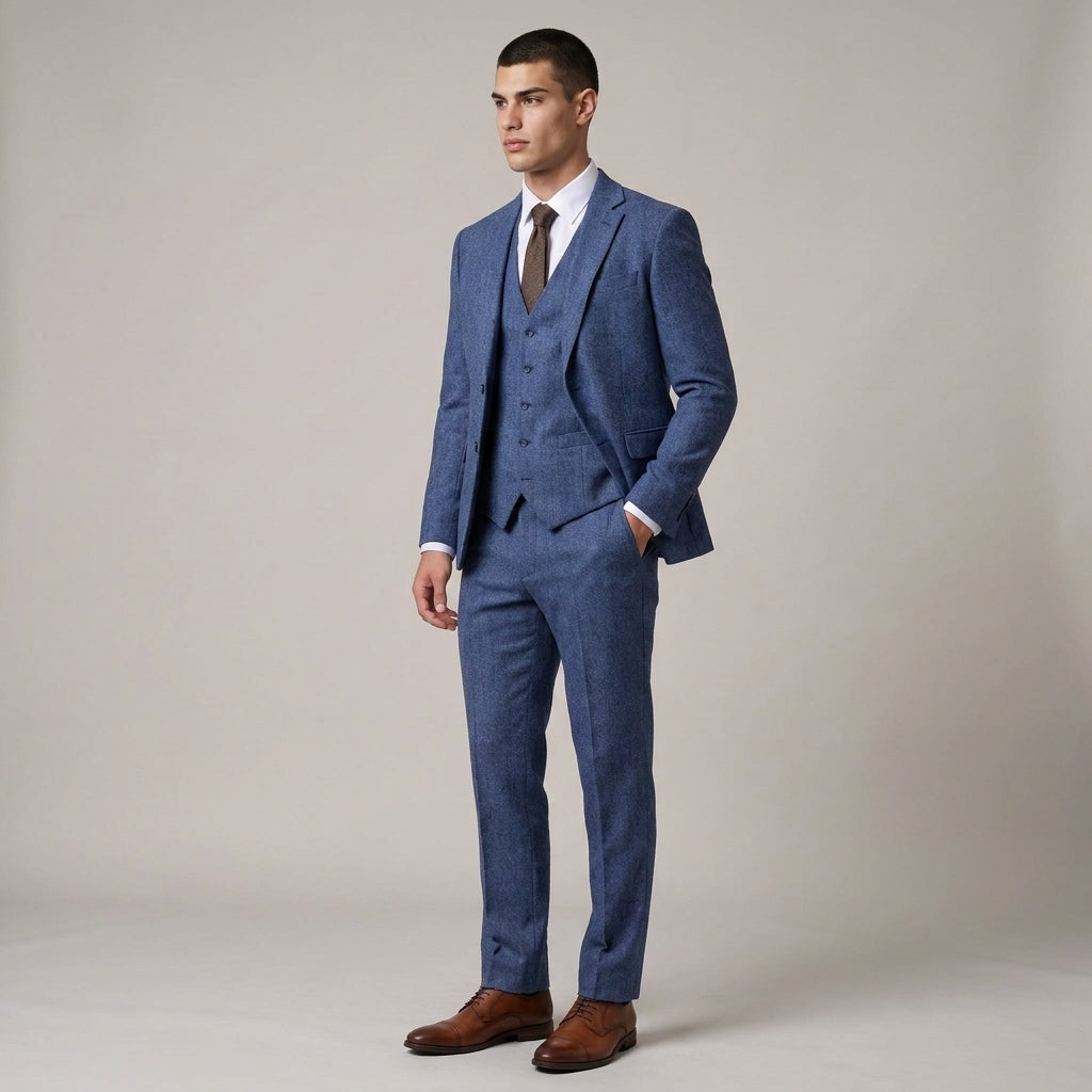 Dama Washington Jasper men's three piece tweed suit Blue slim fit - model front view