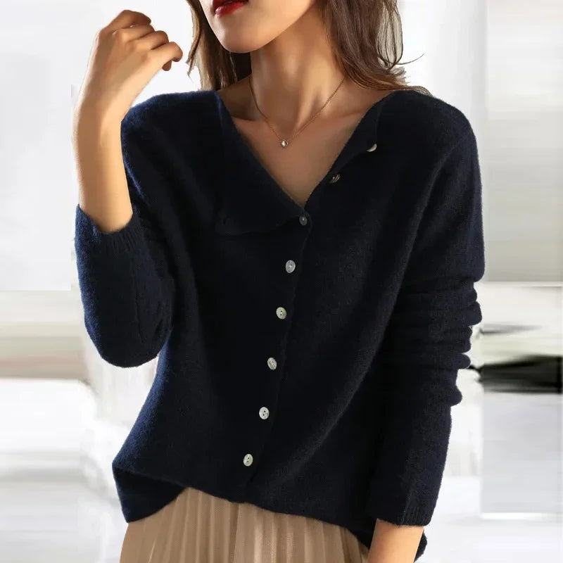 Lola | Women's Button Front Cardigan Gray V Neck Knit