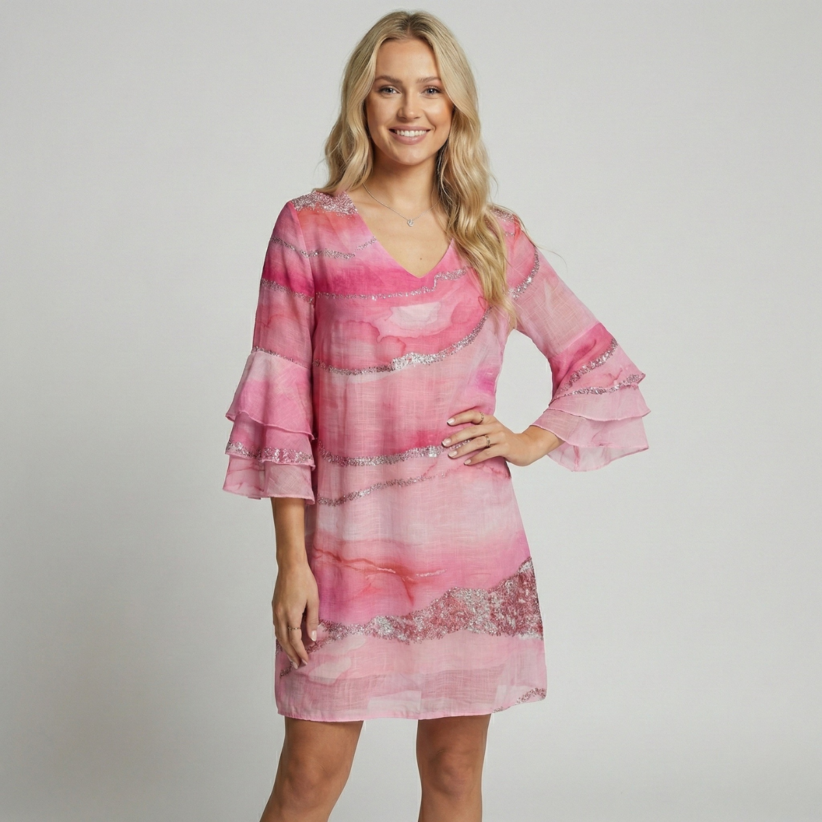 Aria | Women's Pink Sequin Midi Dress Bell Sleeve